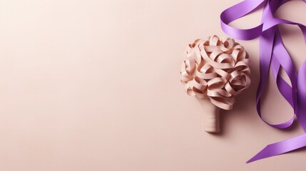 Human head cutout with brain near purple ribbon on beige background, flat lay. Epilepsy awareness