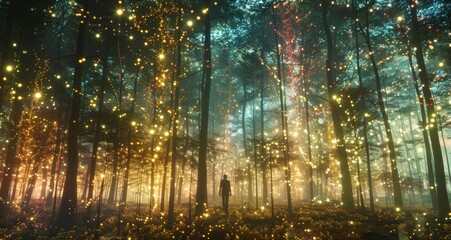 In the distance a person wanders through the glowing digital forest lost in thought as their back blends into the ethereal backdrop. . .