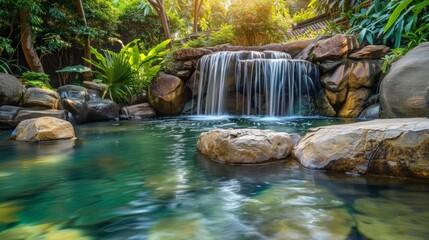 The vibrant colors and textures of the waterfall and surrounding rocks create a stunning contrast against the calmness of the still . .