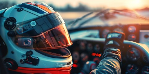 Racing helmet on the dashboard, close-up, focused and ready atmosphere, early morning race anticipation