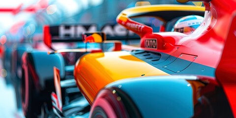 Formula 1 car wing and sponsor logos, vibrant colors, close-up, precision engineering and speed