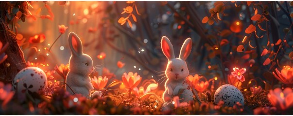 Evening glow 3D scene bunnies and eggs basking in the soft light of sunset