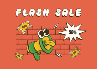 Cool trendy groovy sale promo character of speaker with lettering Flash Sale. Vector background with mascot bullhorn in comic style with dot Halftone texture for your design banner, poster,advertising
