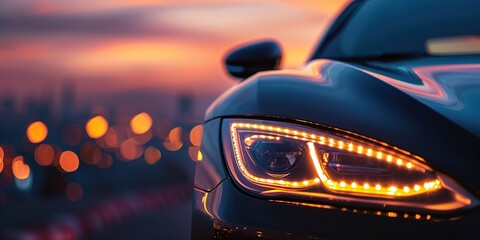 Sports car headlight in twilight, sleek design, close-up, ambient city lights reflecting, luxury speed 
