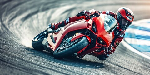 Motorcycle racer leaning into a sharp turn, close-up on the knee slider, intense focus, thrill of the race - obrazy, fototapety, plakaty