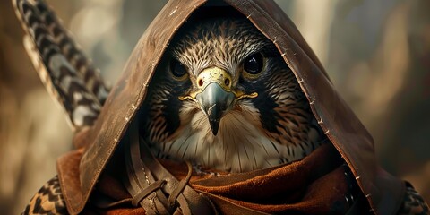 Falcon with leather hood, close-up, soft focus background, ancient hunting tradition and elegance  - obrazy, fototapety, plakaty