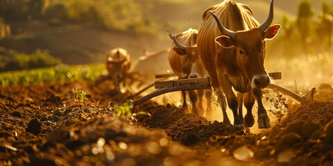 Oxen plowing fields, close-up on the yoke and muscles, golden hour light, essence of rural life and labor - obrazy, fototapety, plakaty