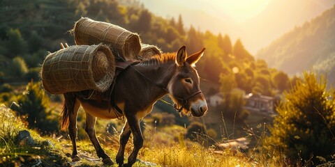 Donkey carrying baskets in a mountain village, close-up on the load, warm sunlight, endurance and simplicity 