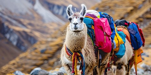 Fototapeta premium Llama caravan in the Andes, close-up on the colorful gear, bright daylight, cultural journey and exploration --ar 2:1 Job ID: 9a5466e6-abde-4b12-b2be-2cf206d3794c