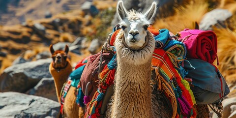 Obraz premium Llama caravan in the Andes, close-up on the colorful gear, bright daylight, cultural journey and exploration