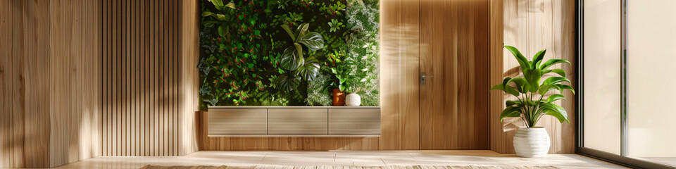 A serene entryway with wooden walls, a potted plant, and green backdrop lit by daylight. Banner. Copy space.