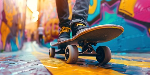 Electric skateboard speeding, close-up on the wheels, vibrant street art background, cool and modern vibe  - obrazy, fototapety, plakaty