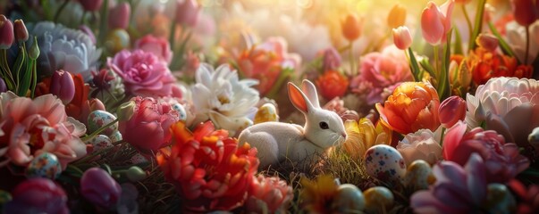Fototapeta premium Festive 3D Easter card showcasing bunnies orchestrating an egg hunt