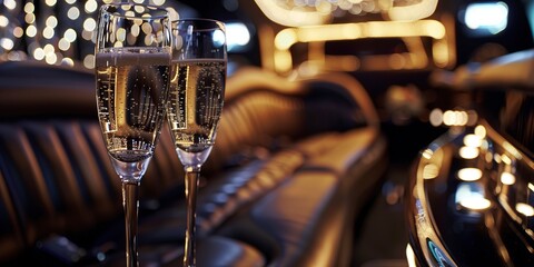 Close-up of a limousine's champagne flute setup, soft focus, celebration vibe, intimate and luxurious - obrazy, fototapety, plakaty