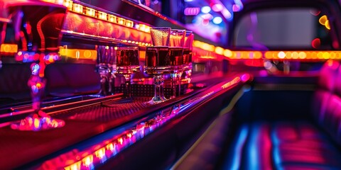 Limousine interior lighting and bar, close detail, ambient mood light, night out luxury and fun  - obrazy, fototapety, plakaty