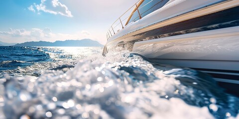 Luxury yacht tender cruising, close-up on the glossy finish, clear skies, symbol of opulence and adventure