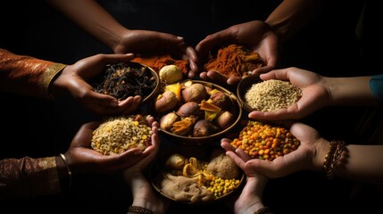 Philanthropists donate food and help the poor : concept of feeding, A bowl of spices with a red...