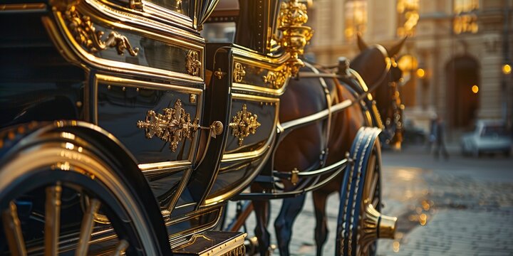 Elegant horse carriage for city tours, close-up on the ornate details, golden hour light, nostalgic luxury