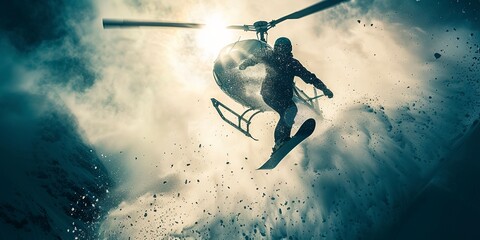 Snowboarder jumping off a helicopter, snow spray in backlight, high contrast, action-packed close-up  - obrazy, fototapety, plakaty