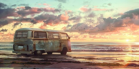 Surfer van parked on a beach at dawn, soft warm light, detailed texture on the van, laid-back vibe - obrazy, fototapety, plakaty