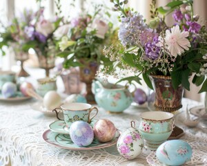 Garden tea party Easter eggs with delicate tea sets and floral arrangements