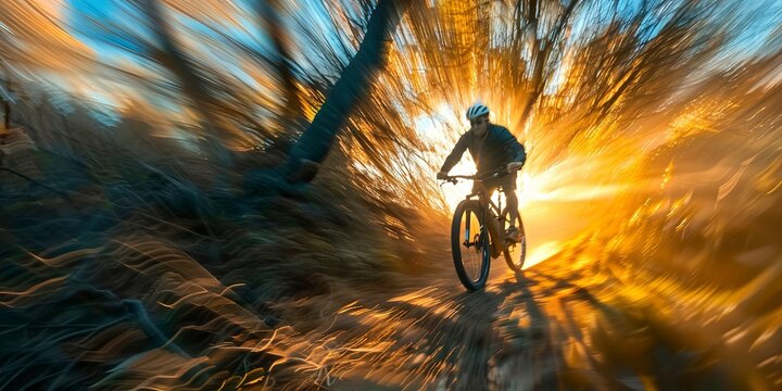Mountain biker at sunset on a rugged trail, vibrant colors, low angle, dynamic motion blur 