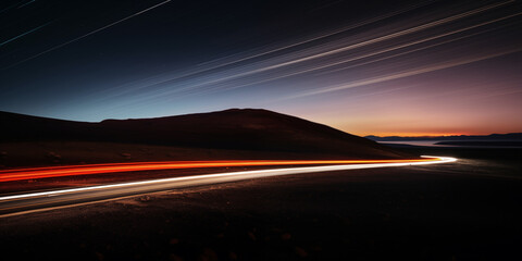 Long-exposure scene of a dusk roadway with automotive lights bending around a hilly curve and stars in the sky; background image - obrazy, fototapety, plakaty