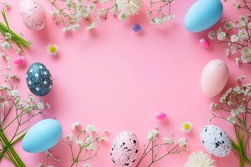 Fototapeta na wymiar Cute Easter mockup. Plain bright table with Easter decor.