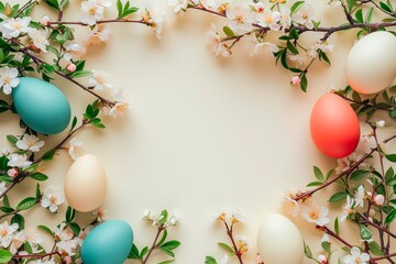 Naklejka na ściany i meble Cute Easter mockup. Plain bright table with Easter decor.