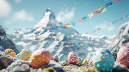 Himalayan journey Easter eggs with snow-capped peaks and prayer flags - obrazy, fototapety, plakaty