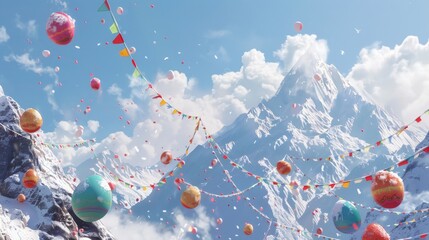 Himalayan journey Easter eggs with snow-capped peaks and prayer flags - obrazy, fototapety, plakaty
