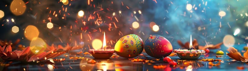 Indian Diwali Easter eggs with diyas and fireworks - obrazy, fototapety, plakaty