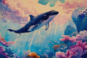 Dance of the sea fantasies: a watercolour look at the underwater world, where every tiny detail is vividly coloured, displaying the beauty and amazing diversity of life in the ocean. - obrazy, fototapety, plakaty