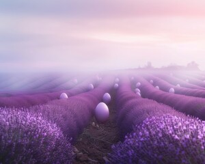 Lavender fields Easter eggs with rows of purple blooms