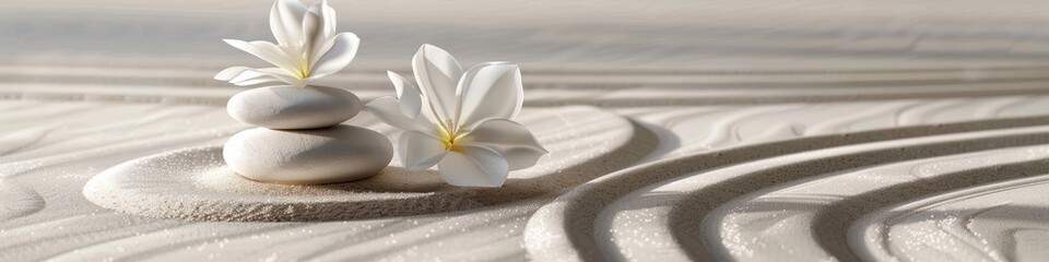A white flower rests atop a collection of rocks in a Zen garden landscape. Banner. Copy space.