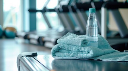 A water bottle and towel placed strategically next to a treadmill, suggesting a cardio workout - obrazy, fototapety, plakaty
