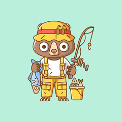 Cute bear fisher fishing animal chibi character mascot icon flat line art style illustration concept cartoon