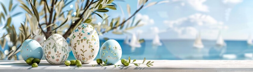 Mediterranean summer Easter eggs with olive branches and sea views - obrazy, fototapety, plakaty