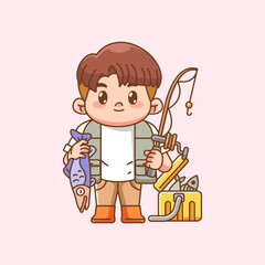 Cute confident fisher fishing kawaii chibi character mascot illustration outline style design