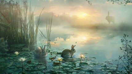 Misty lakeside dawn with bunnies gathering dewy eggs by a tranquil lake - obrazy, fototapety, plakaty