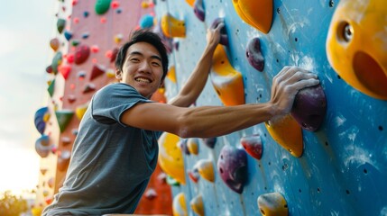 Asian climber climbing up outdoor bouldering wall at fitness gym.