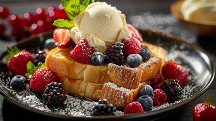 Honey toast topped with a scoop of vanilla ice cream and fresh berries, creating a refreshing dessert combination