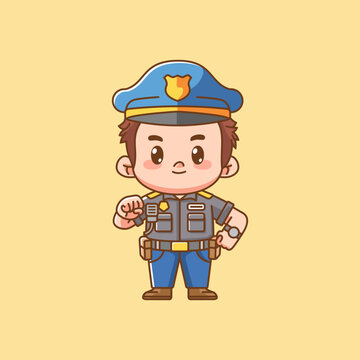 Cute cheer police officer uniform kawaii chibi character mascot illustration outline style design