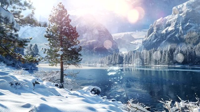 Scene of a snow mountain and river animation video looping motion