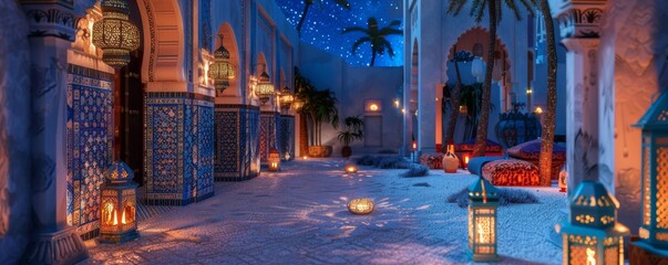 Moroccan nights Easter eggs with lanterns and tiled courtyards - obrazy, fototapety, plakaty