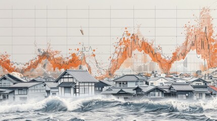 A graph showing the increasing strength and destruction caused by tsunamis over the years. - obrazy, fototapety, plakaty