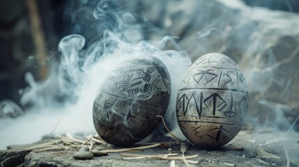 Mystic runes Easter eggs with ancient runes and symbols - obrazy, fototapety, plakaty