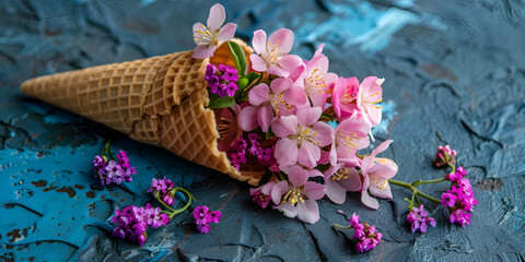 Ice cream cone with spring blossom pink cherry or sakura flowers on blue background. Minimal spring concept