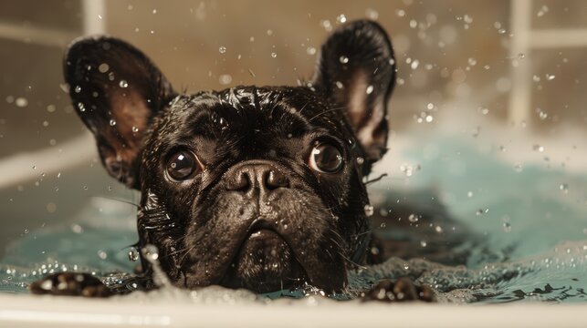 A French bulldog trying to escape a bath or playfully splashing water with a derpy expression