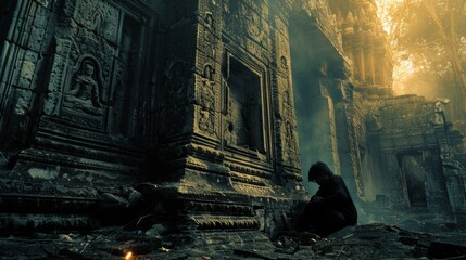 In the abandoned ruins of an ancient temple a person sits with back against a broken pillar. face is hidden in shadow . .